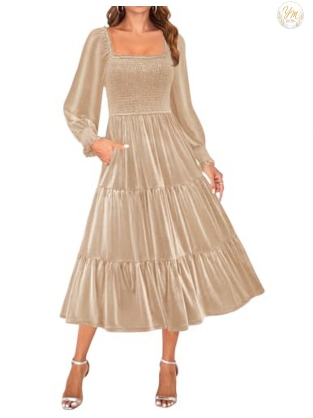 Womens Velvet Long Sleeve Midi Dress Square Neck A-Line Puff Sleeves